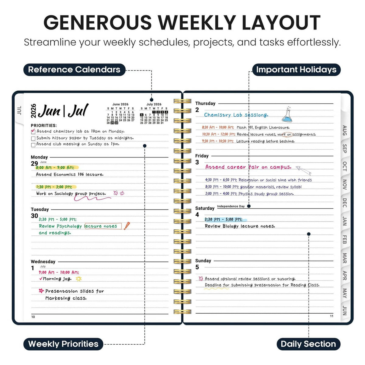 Weekly layout planner pages with daily section and important holidays blocks