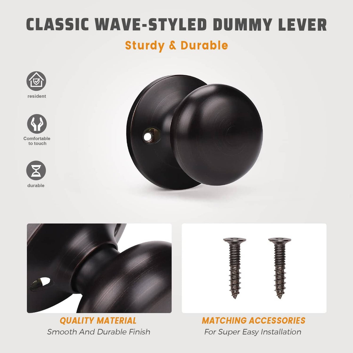 Matte black dummy door lever knob with smooth round backplate and screw hole