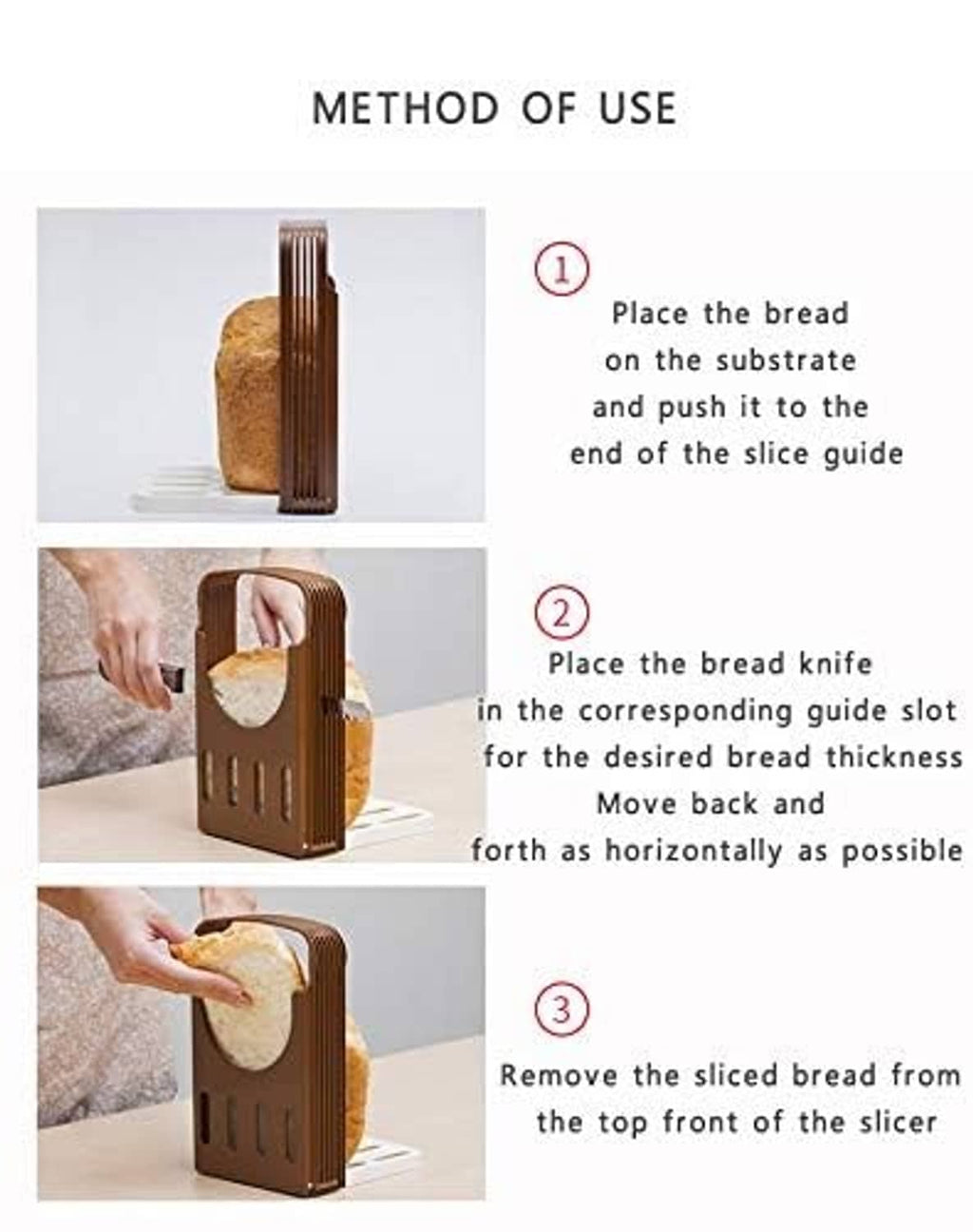 Brown foldable bread slicing guide with instructions layout and step-by-step use photos