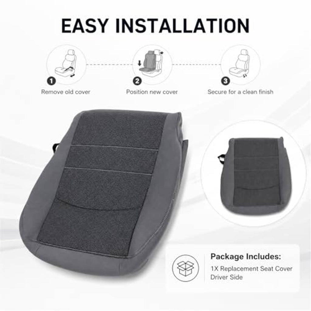 Dark gray cloth driver seat bottom replacement cover with elastic corners and top edge.