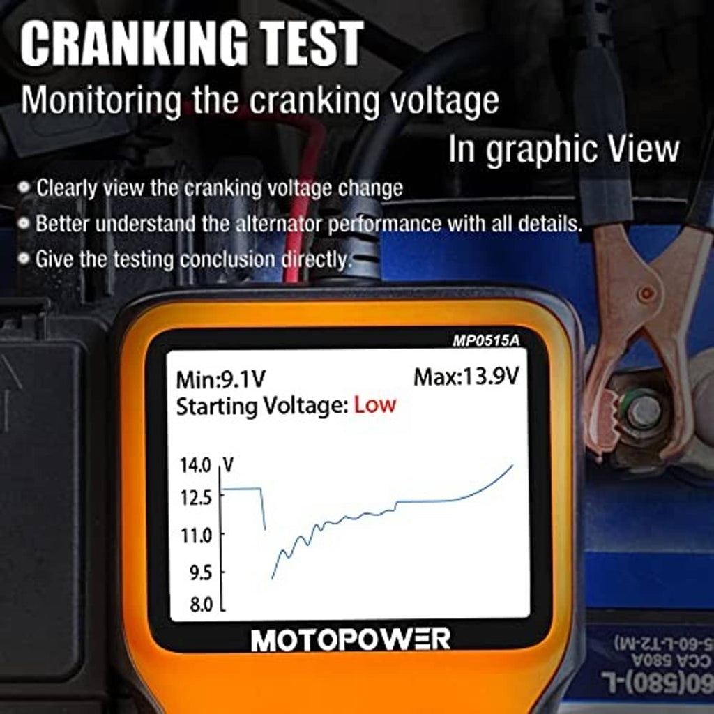Car battery tester showing cranking test voltage graph on LCD in orange/black housing
