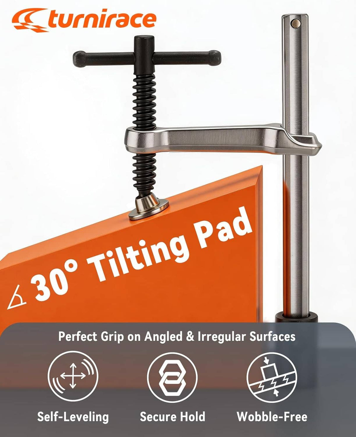 Welding table clamps with 30-degree tilting pad, silver frame and black threaded post