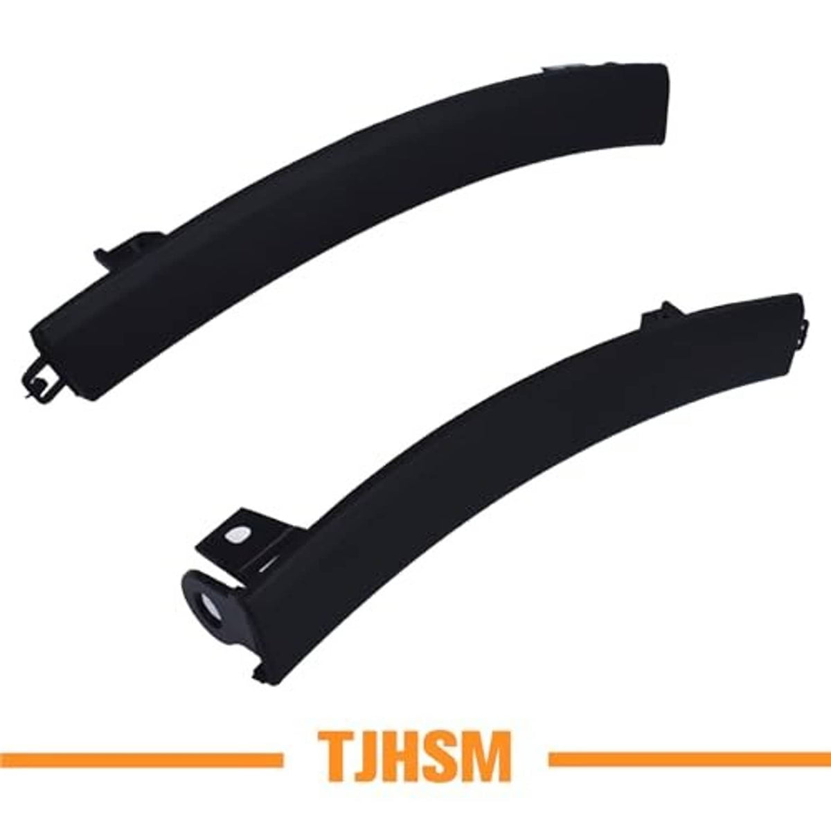 Front bumper wheel molding trim pair, black curved plastic with mounting clip holes