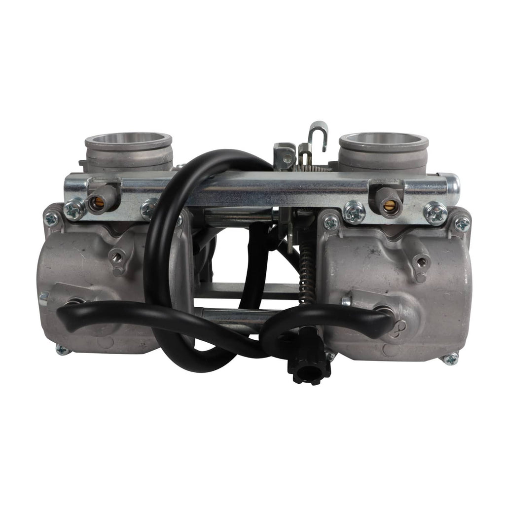 Carburetor assembly with two intake ports, black hoses, and metal mounting brackets