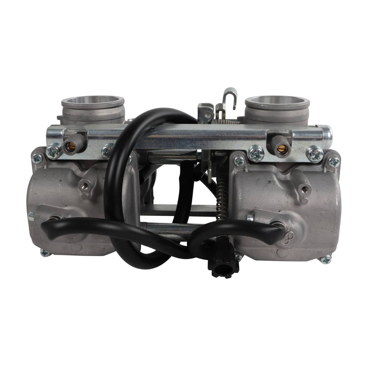 Carburetor assembly with two intake ports, black hoses, and metal mounting brackets