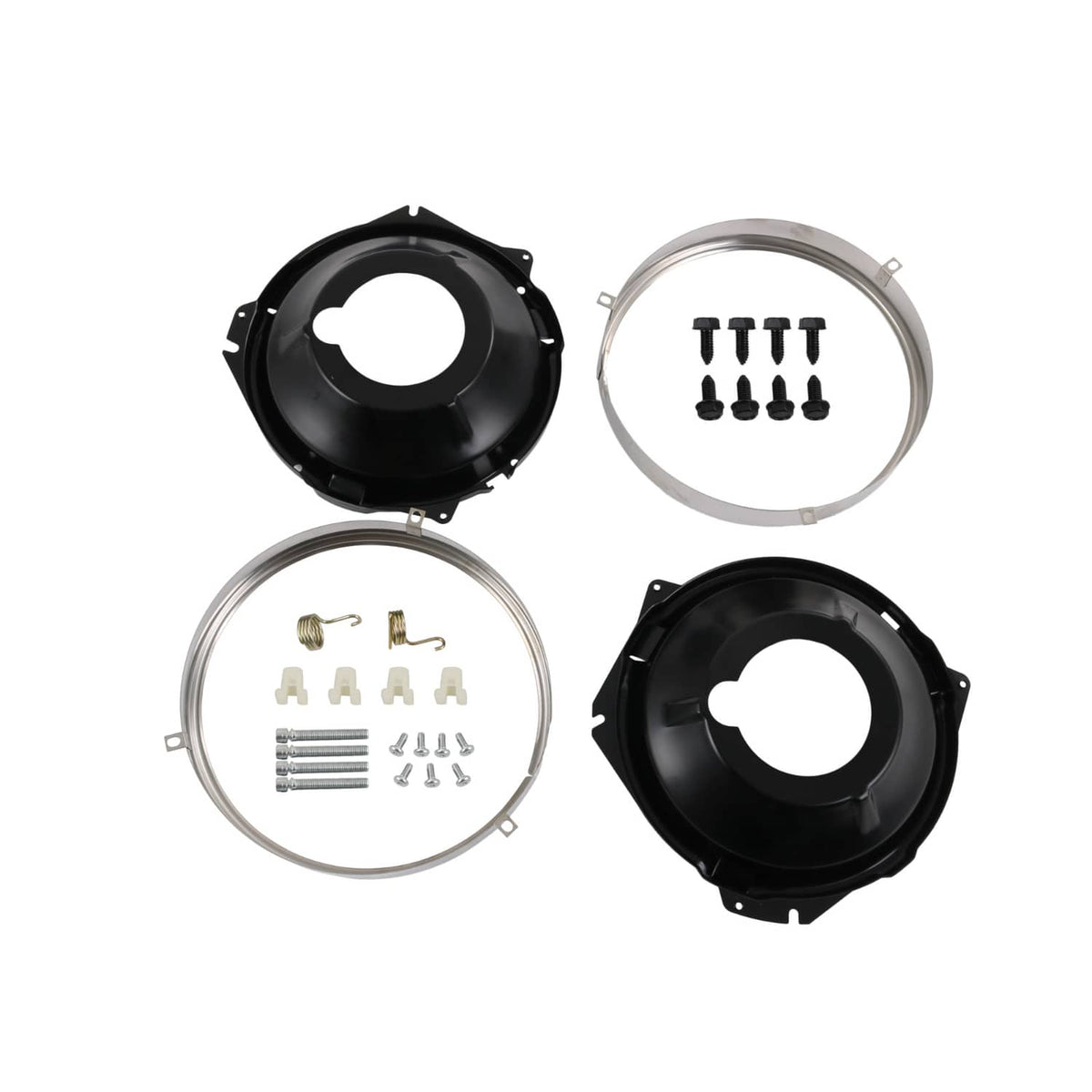 Assorted headlight mounting kit pieces: two black buckets, three silver retaining rings, and hardware