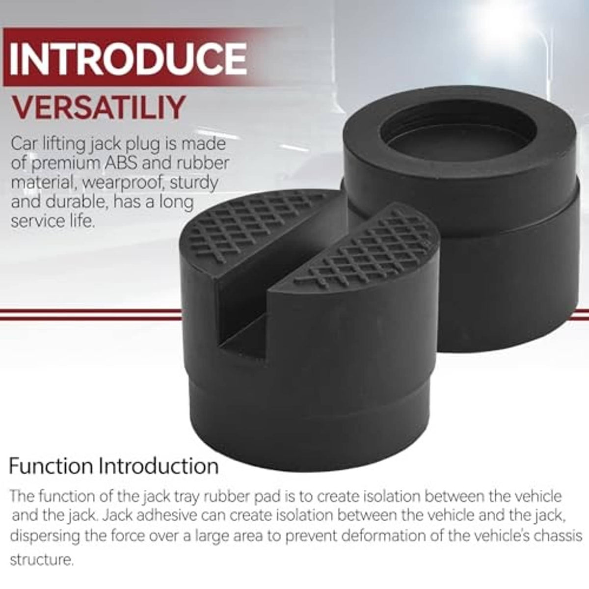 Black rubber jack pad adapter set with circular cup base and grid-pattern top.