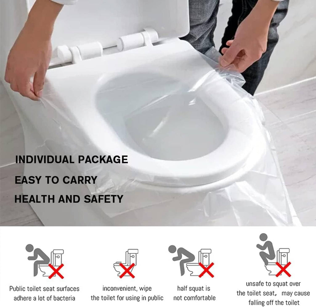 Individual travel toilet seat cover packaging with a toilet seat and hands