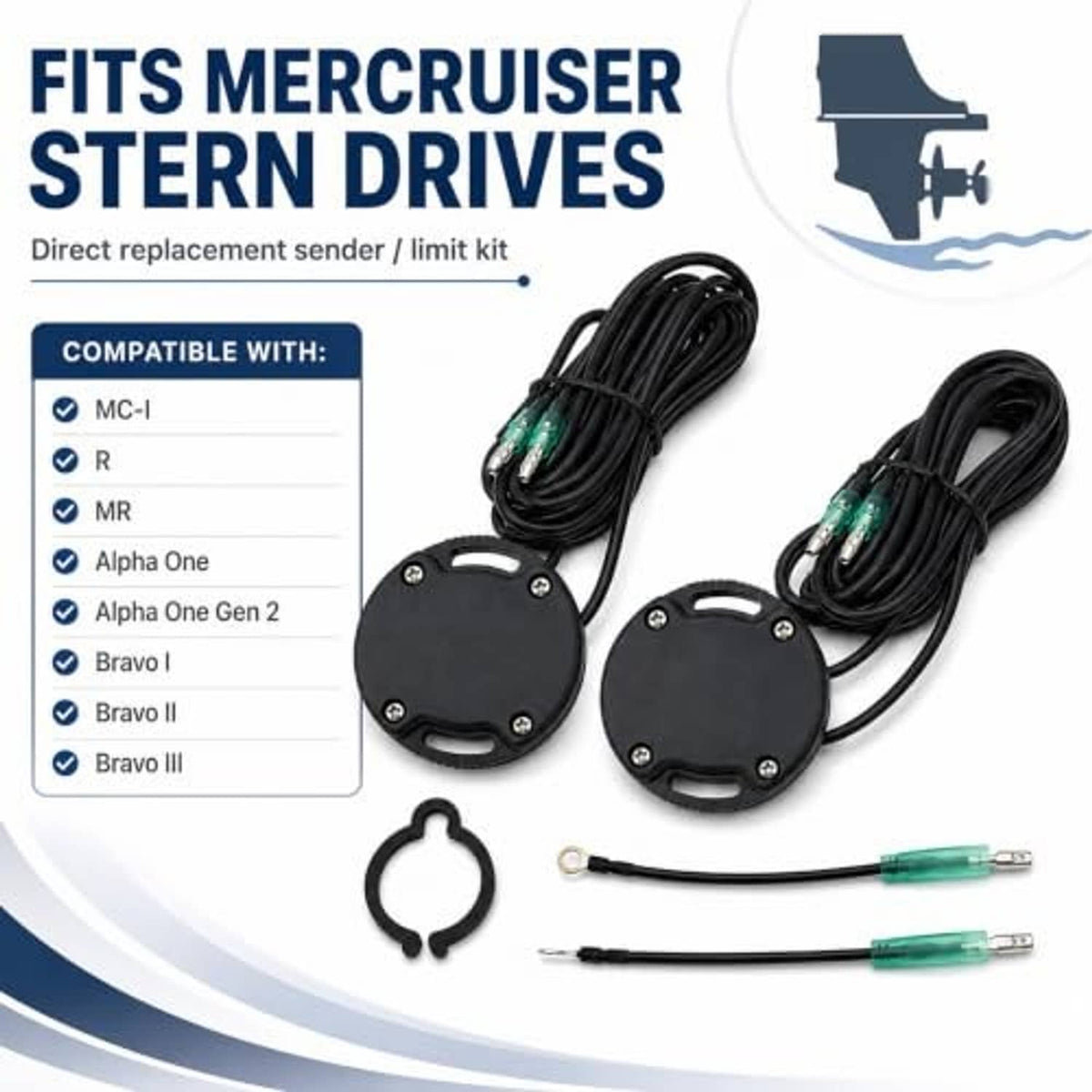 Tilt trim sender/limit switch replacement kit with two black caps and green wire leads
