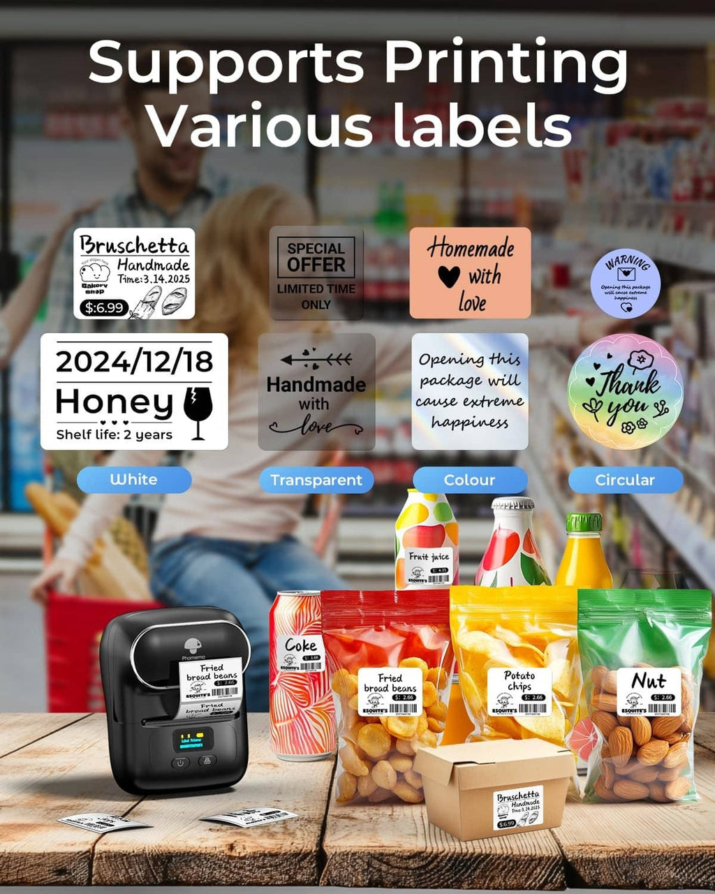 Portable black thermal label printer showing printed label samples