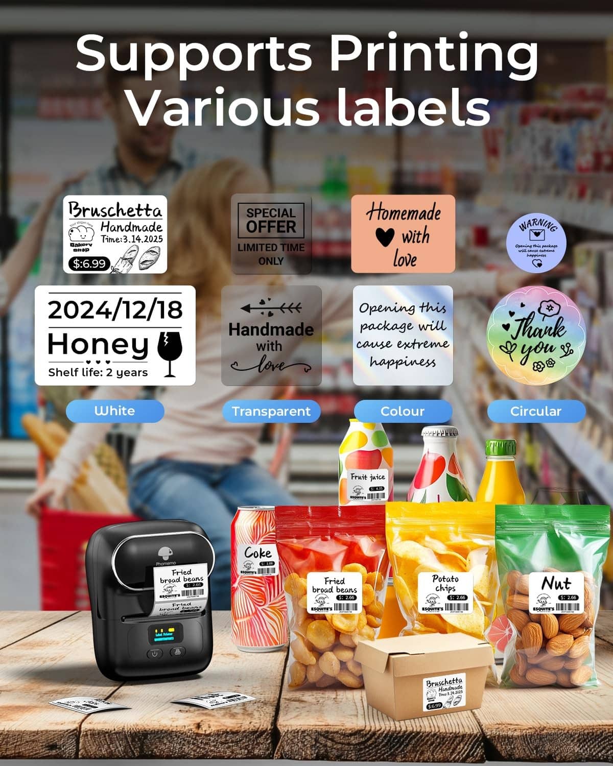 Portable black thermal label printer showing printed label samples
