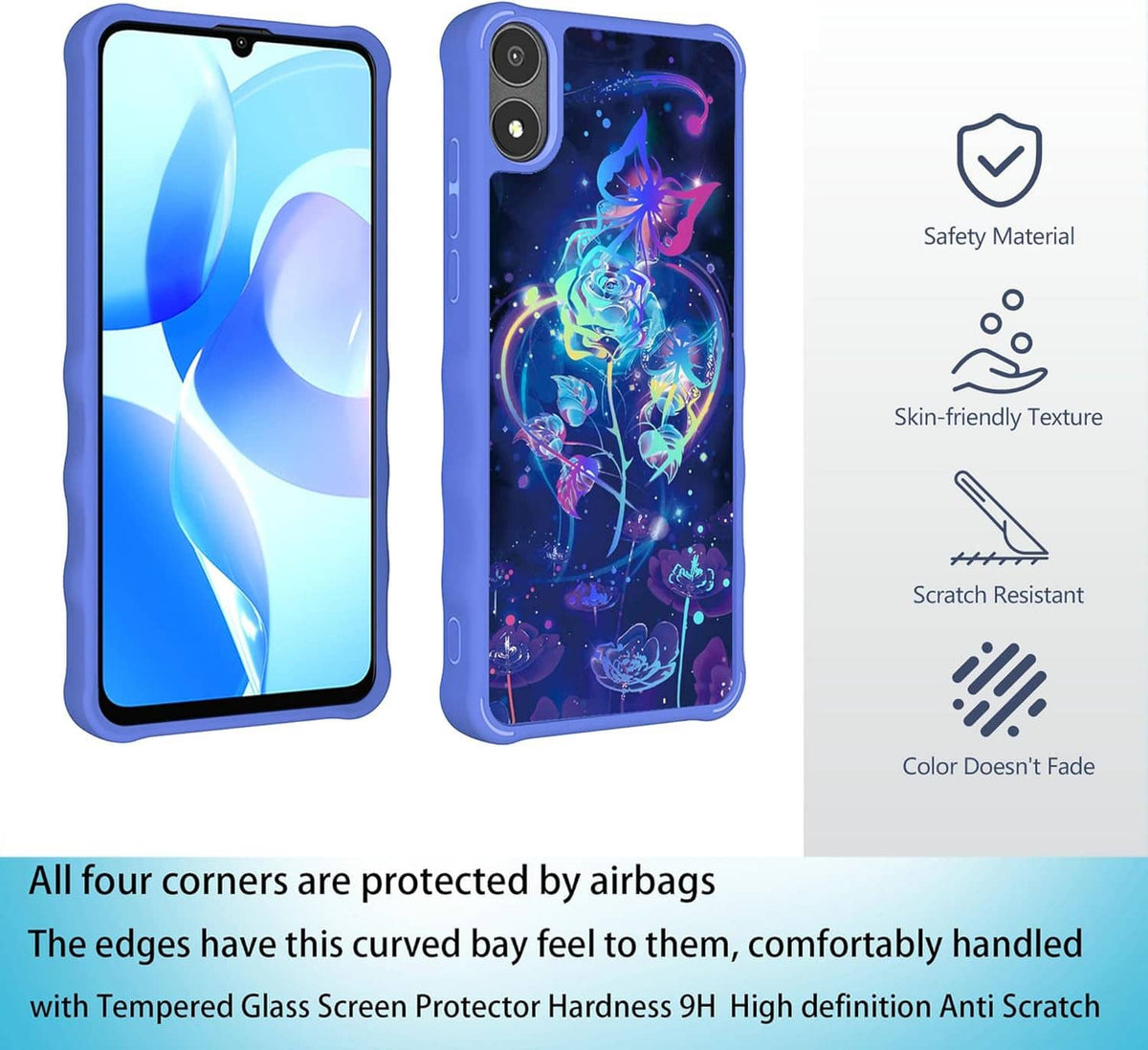 Blue phone case with neon artwork, front cover view, and precise side cutouts