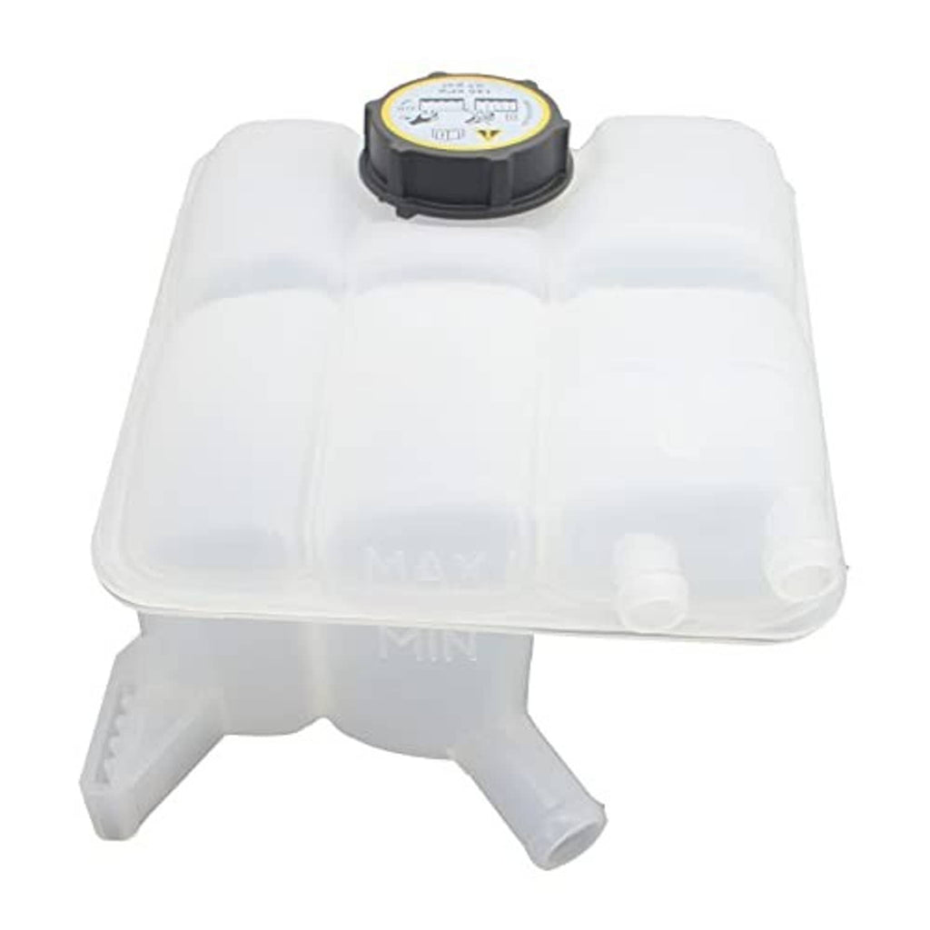 Engine coolant reservoir tank with dark cap on top and side inlet/outlet tubes