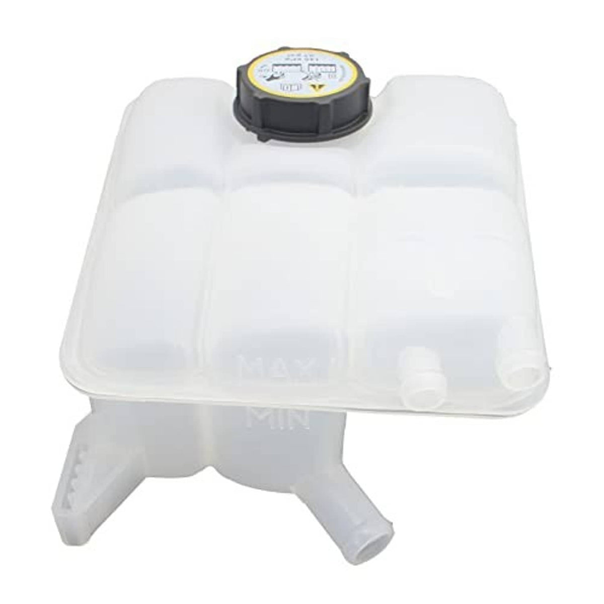 Engine coolant reservoir tank with dark cap on top and side inlet/outlet tubes