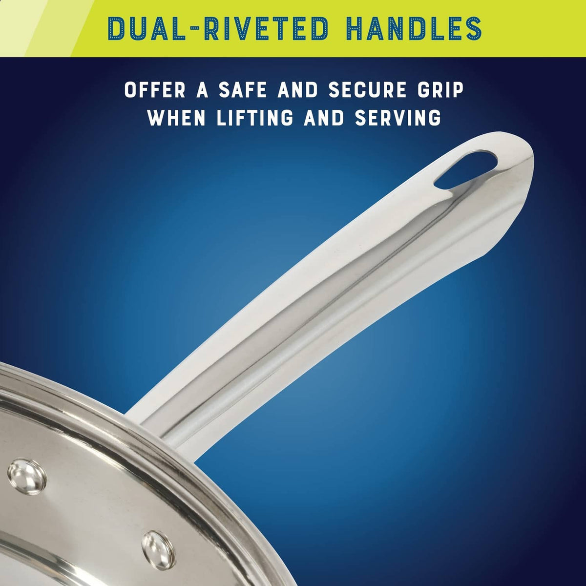 Stainless steel pot with dual-riveted handles and smooth grip detail