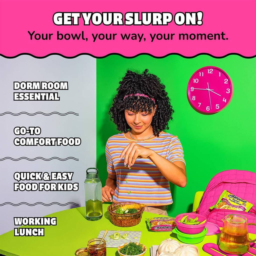 Maruchan ramen noodle soup with lime chili shrimp packet on table for lunch
