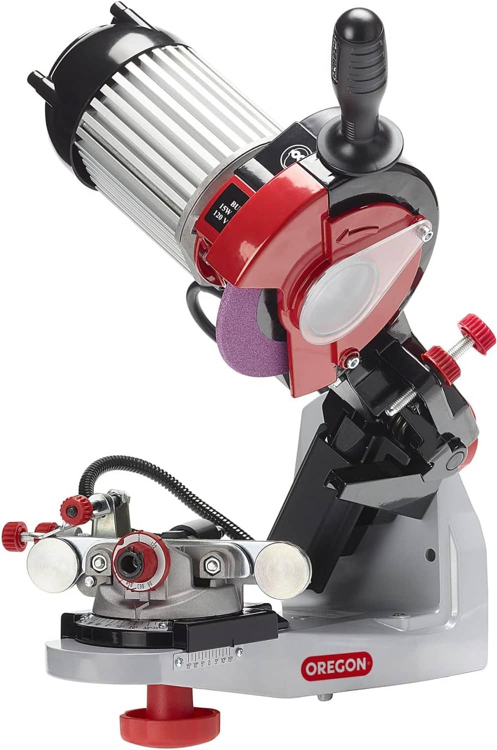 Bench grinder chain sharpener with red grinding wheel and black mounting bracket