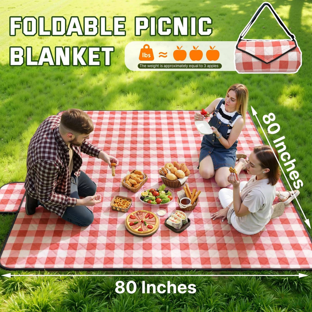 Red-and-white check foldable picnic blanket spread on grass, rectangular design