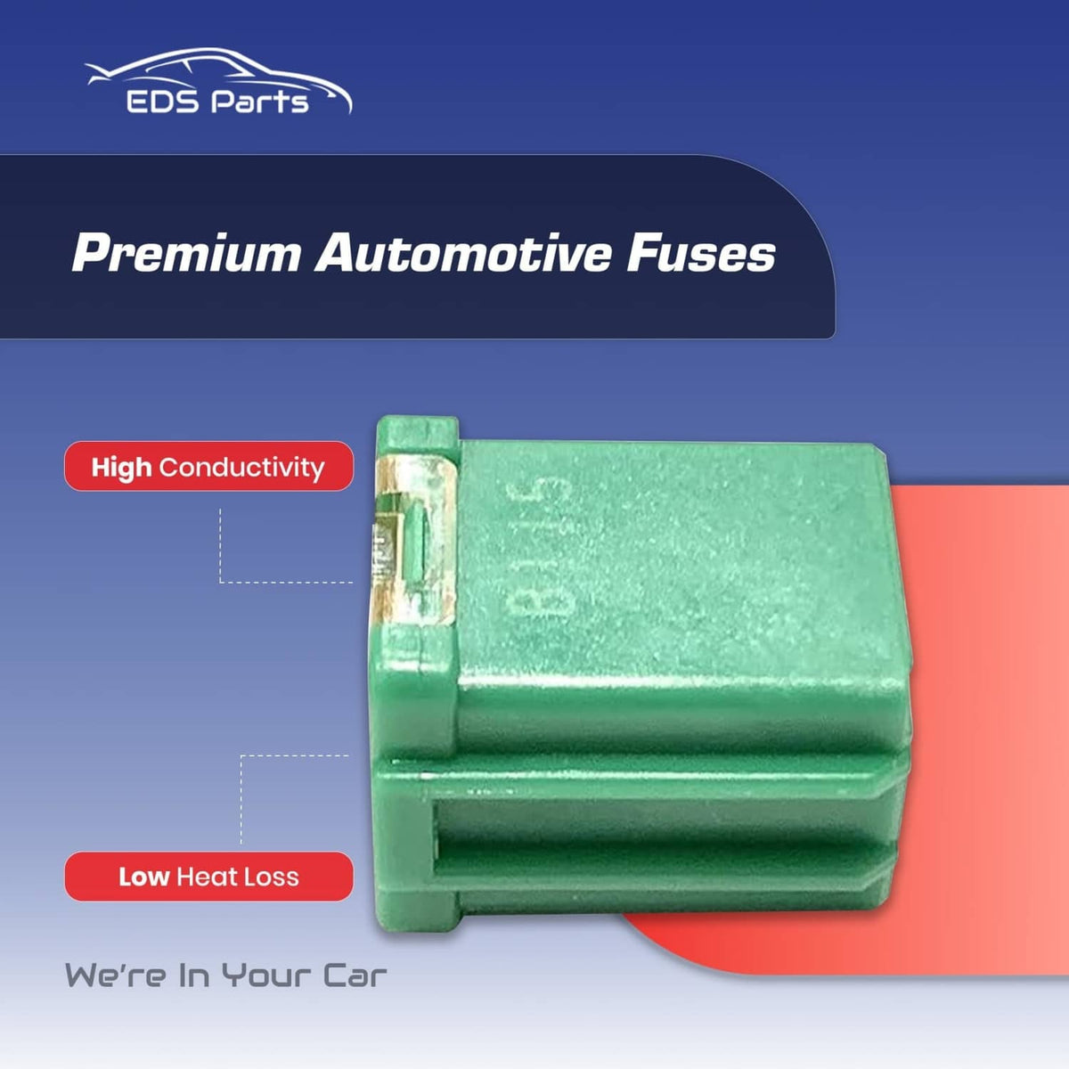 Green mini J-case fuse close-up showing housing and internal element