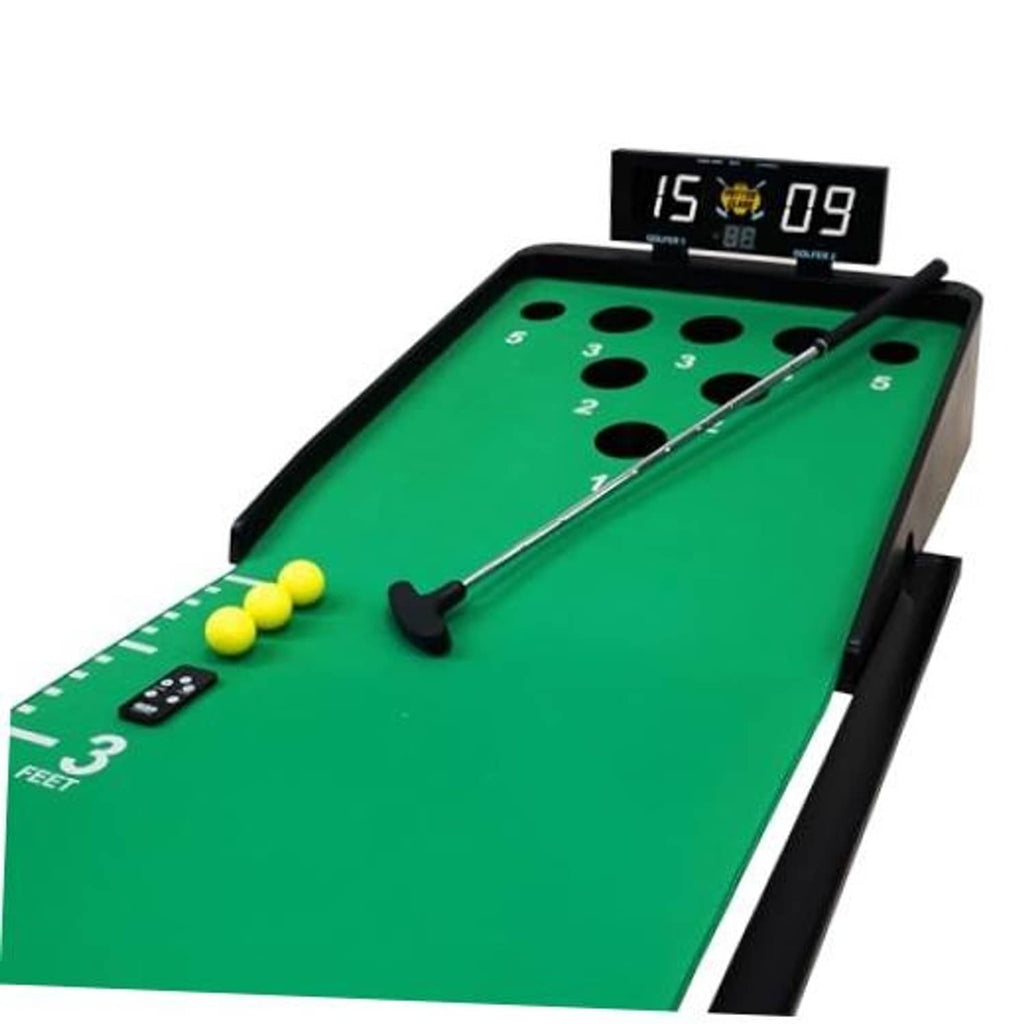 Green electronic putting game mat with silver putter and digital scoreboard