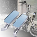 Rectangle chrome motorcycle rear-view mirrors with blue tinted glass, mounted on handlebars