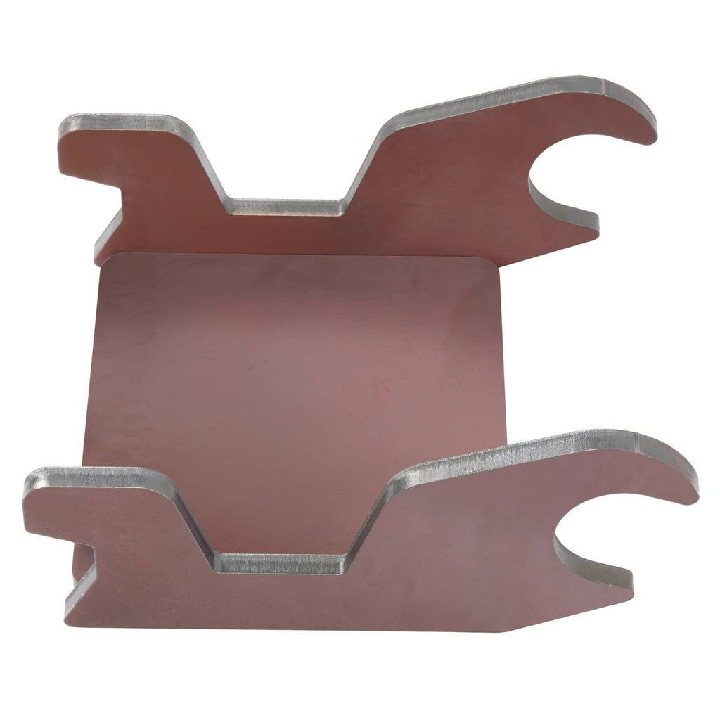 Metal bucket ear attachment top view with arched supports and flat mounting plate