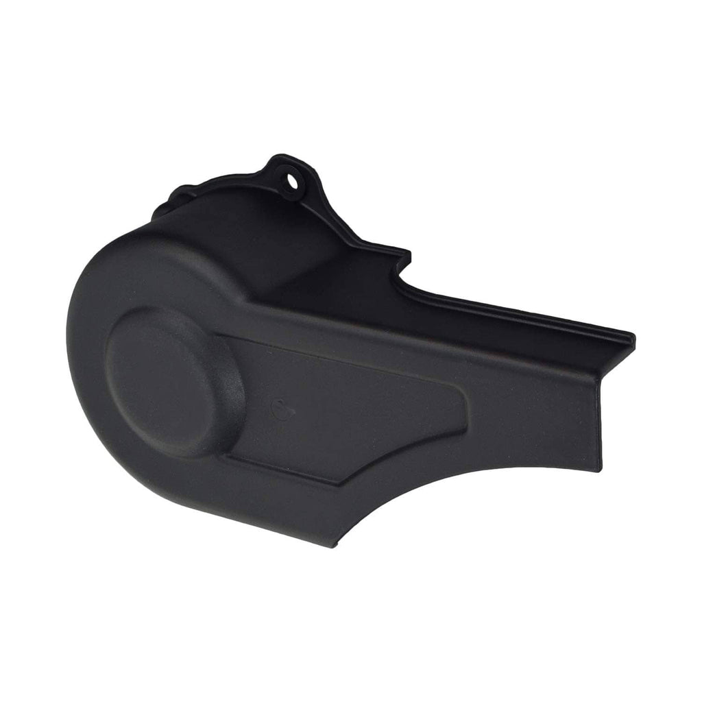 Black plastic clutch cover with round side feature and rectangular panel opening