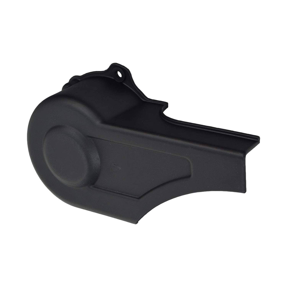 Black plastic clutch cover with round side feature and rectangular panel opening