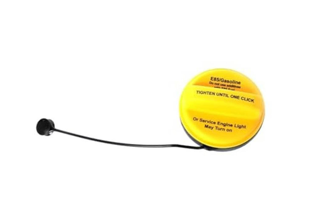 Yellow fuel tank filler cap with black pull tether