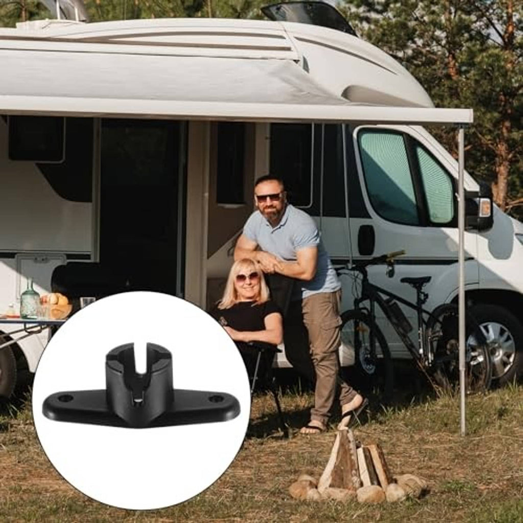Black awning ball-end base bracket attached to RV awning support