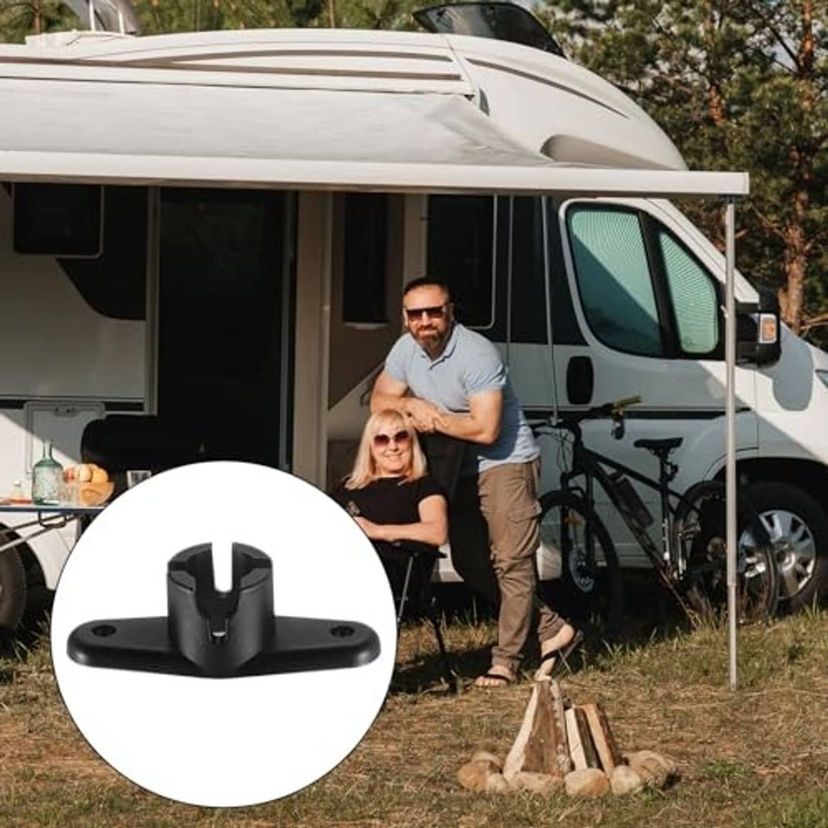 Black awning ball-end base bracket attached to RV awning support