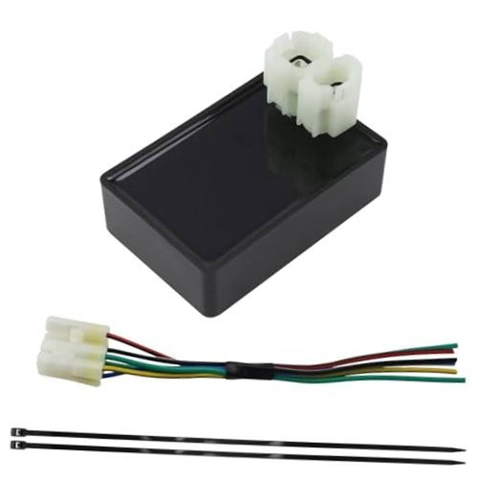 Black DC CDI ignition module with white 2-pin connector and multi-color wire leads