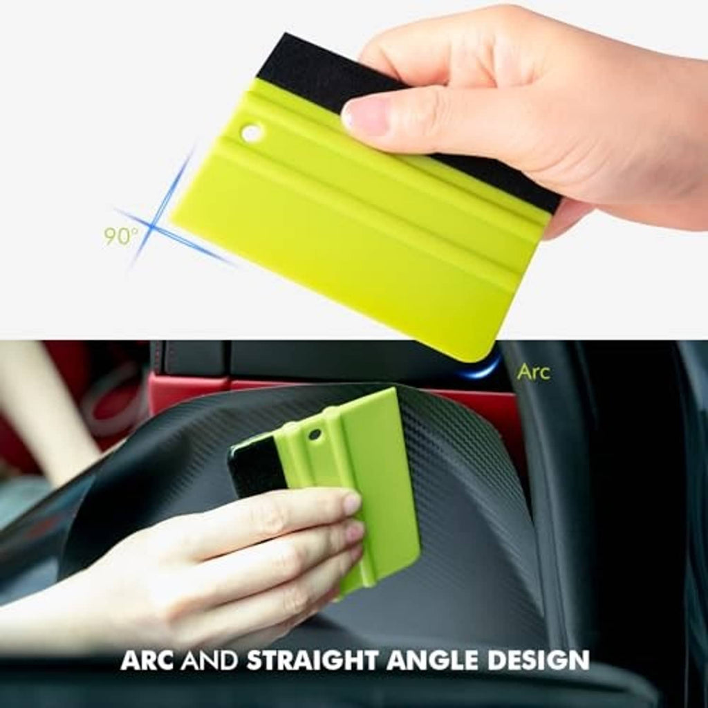 Lime green felt squeegee applicator with black edge pad held in a hand