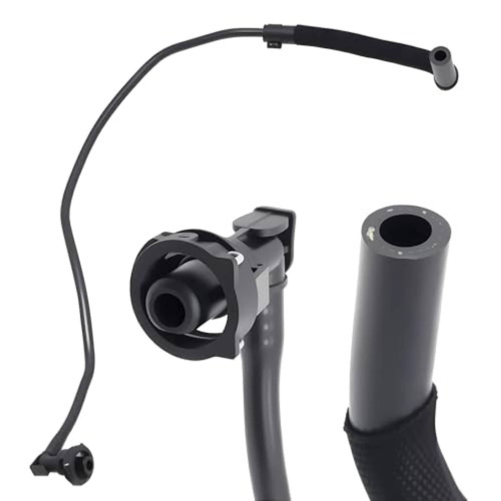 Engine coolant overflow hose assembly with two-part connector and black reservoir hose