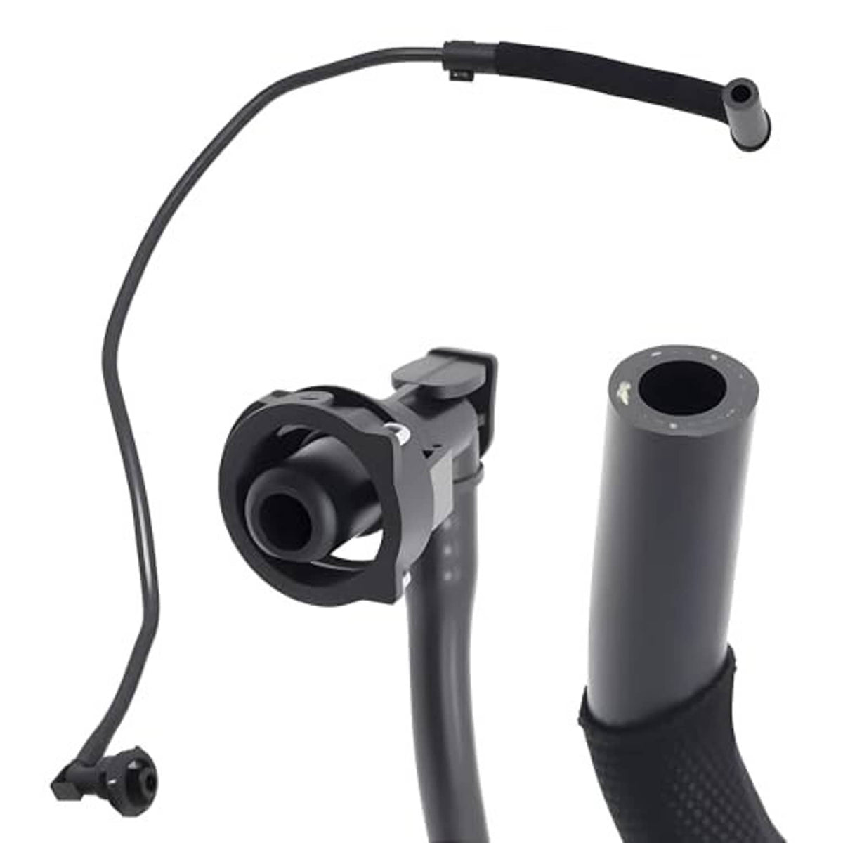 Engine coolant overflow hose assembly with two-part connector and black reservoir hose
