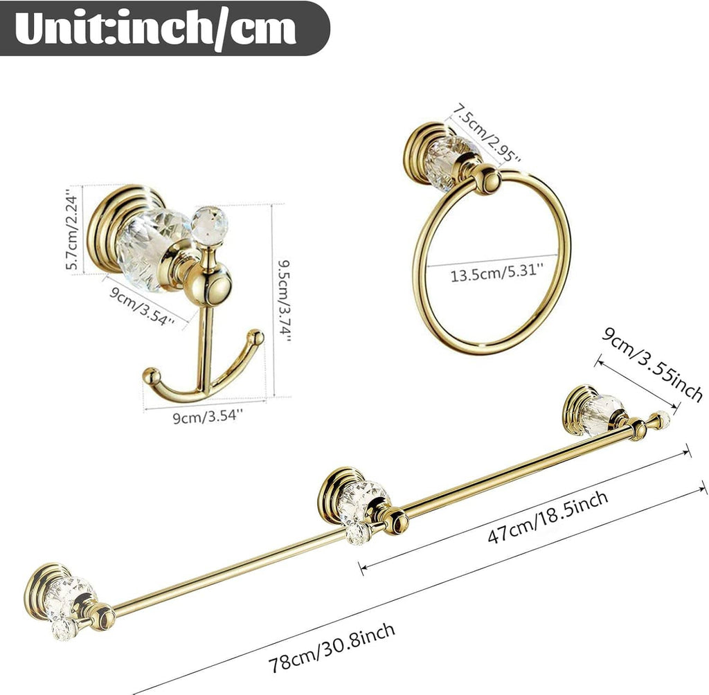 Gold towel set size diagram with ring and bar dimensions shown