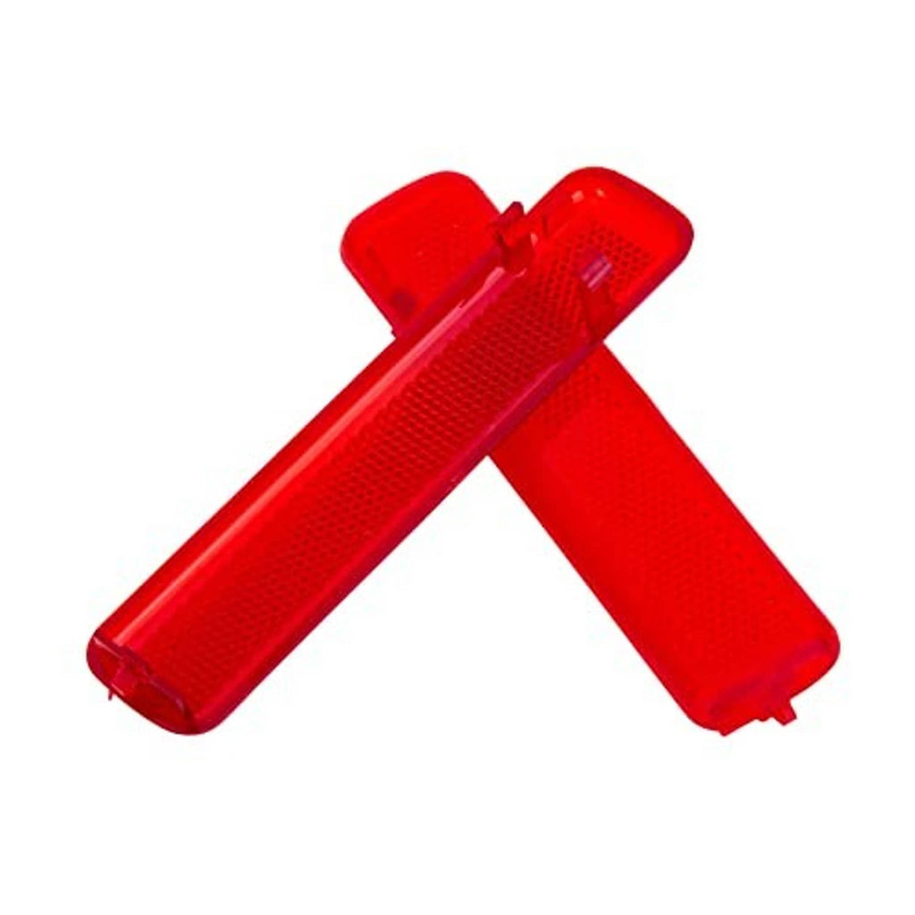Two red door reflector panels crossing view, textured clear lens face