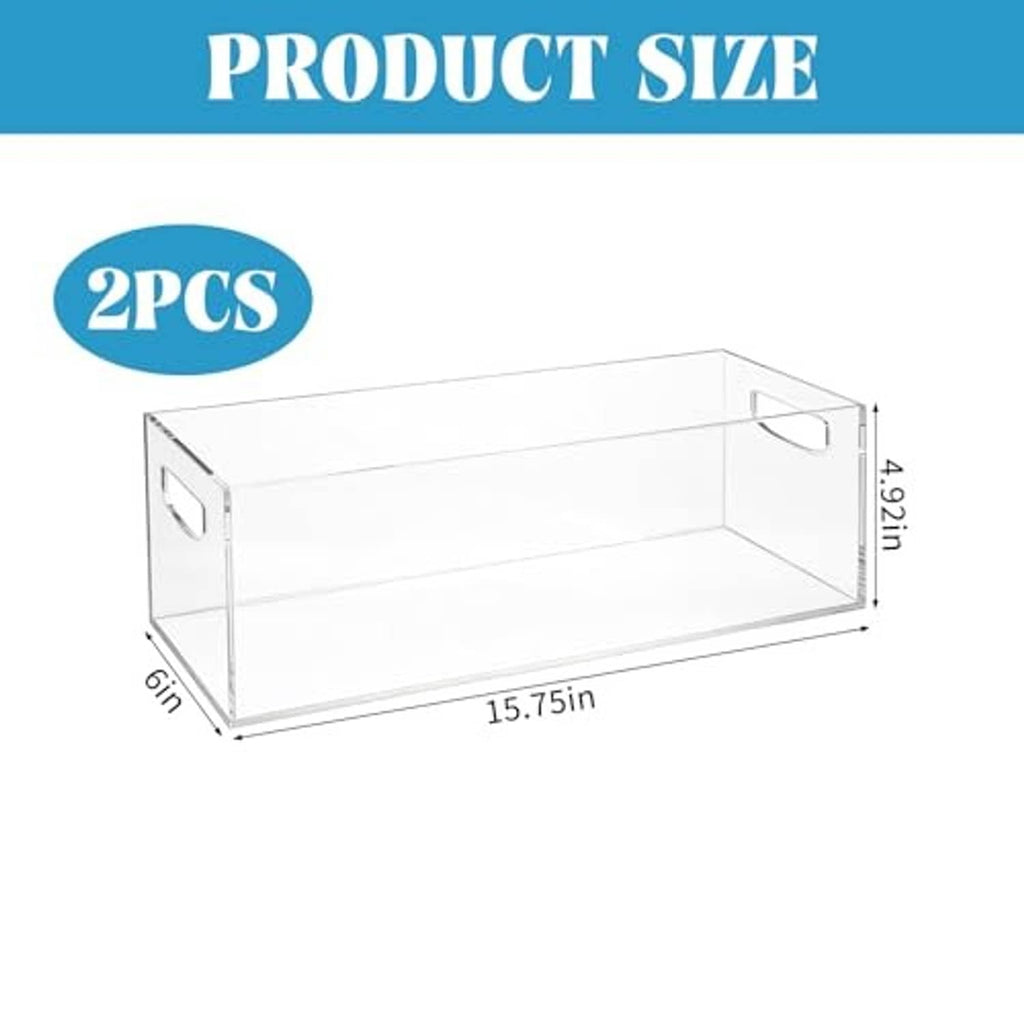 Clear acrylic stackable storage box with cut-out handle; open front