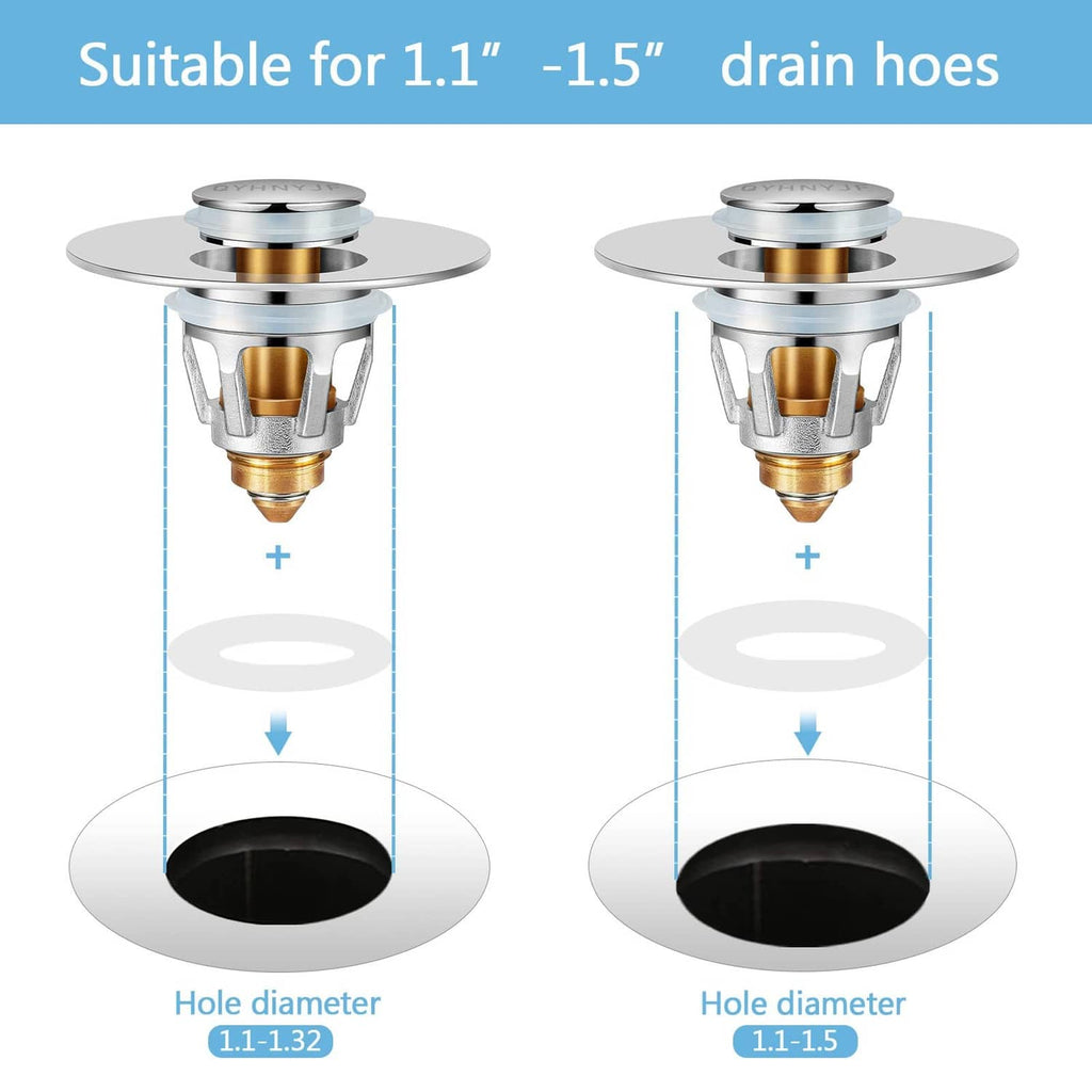 Pop-up bathroom sink stopper sizing diagram for 1.1–1.5-inch drain holes, dark drain view.
