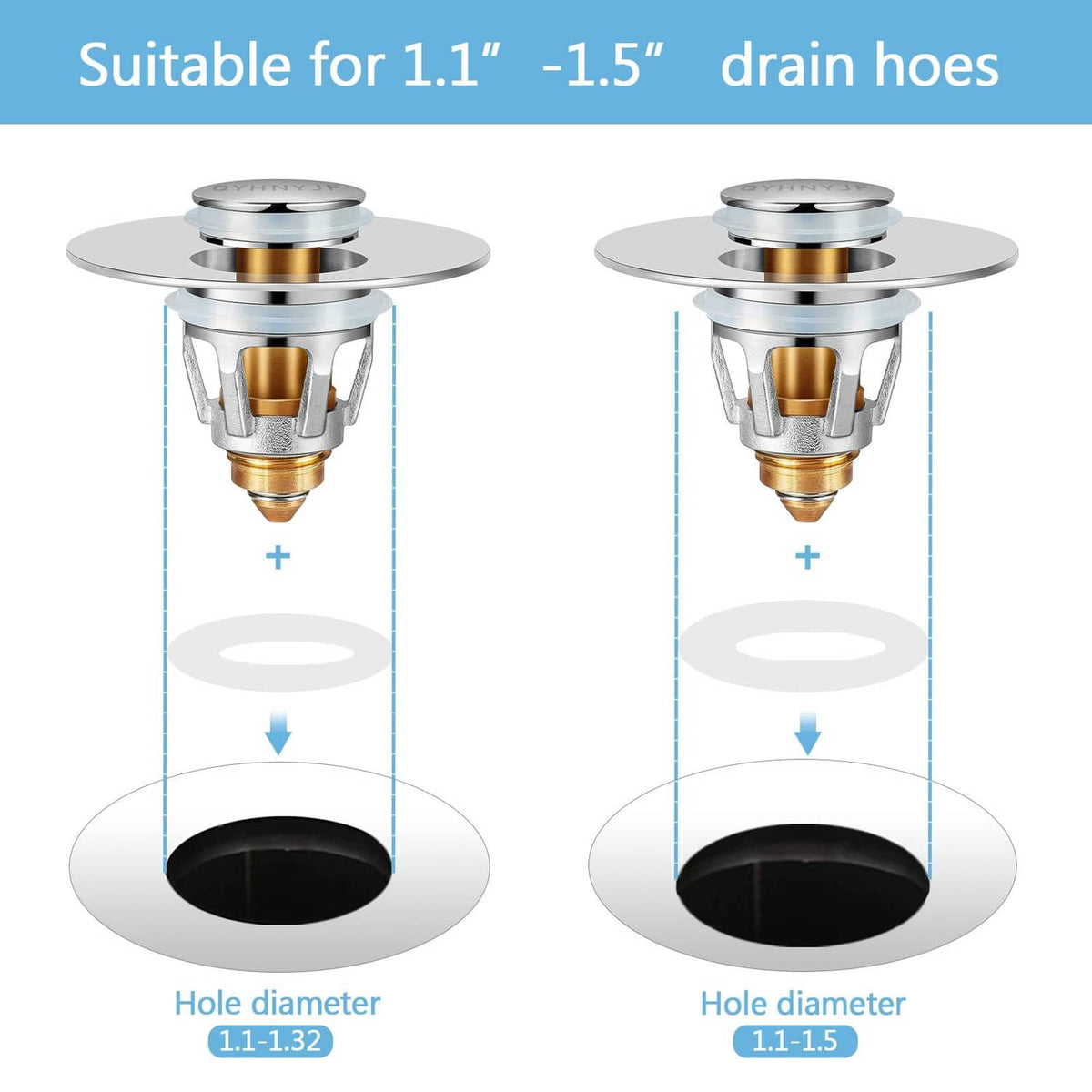 Pop-up bathroom sink stopper sizing diagram for 1.1–1.5-inch drain holes, dark drain view.