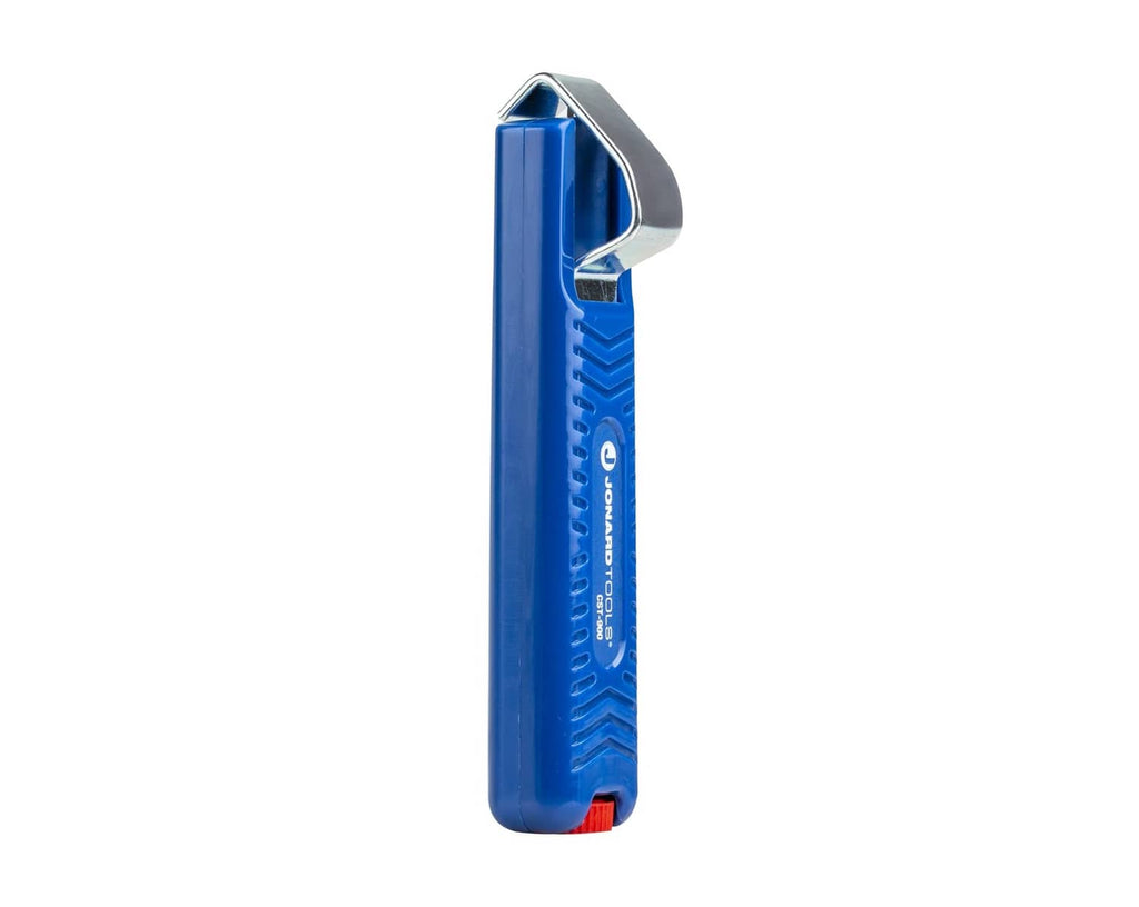 Blue round cable stripping tool with metal cutting blade and adjustable ring