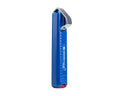 Blue round cable stripping tool with metal cutting blade and adjustable ring