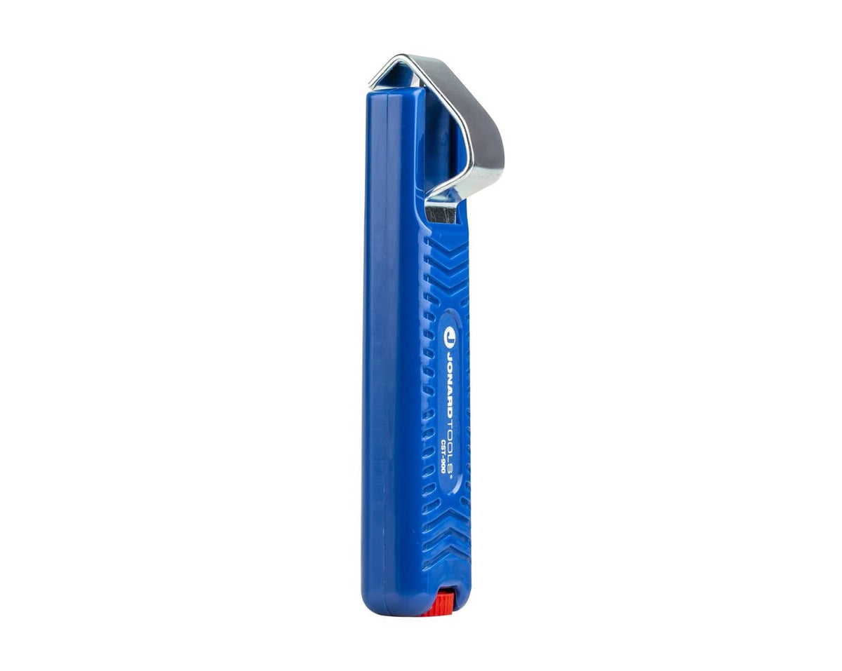 Blue round cable stripping tool with metal cutting blade and adjustable ring
