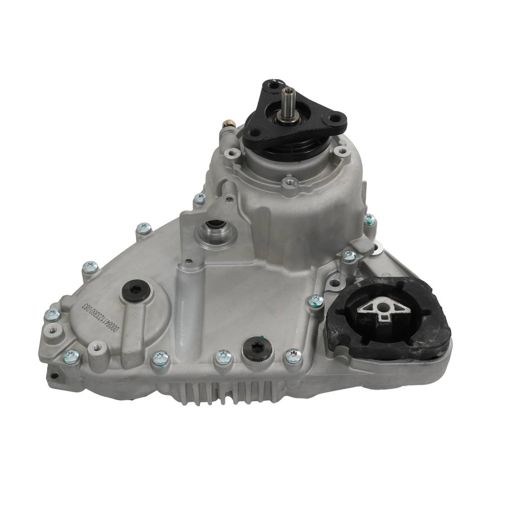Transfer case assembly with gray metal housing, black mounts, and mounting flange