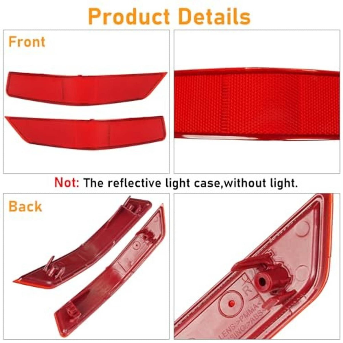 Red rear bumper reflector detail view, two reflector housings with mounting tabs