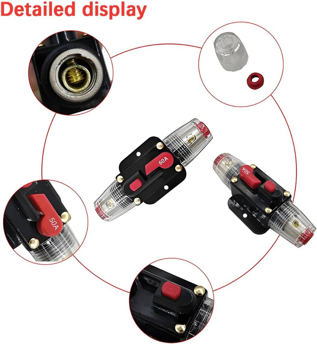 Inline circuit breaker with detailed terminals and black mounting plate, red 50A marking