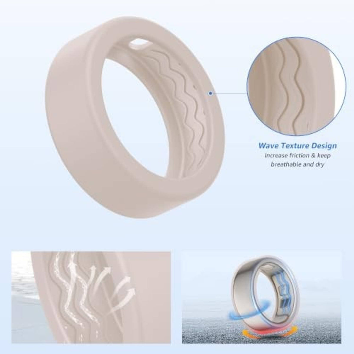 Beige silicone Oura ring cover with wavy texture, protective fit