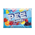 Pez candy refill rolls package, blue bag with fruit graphics and logo