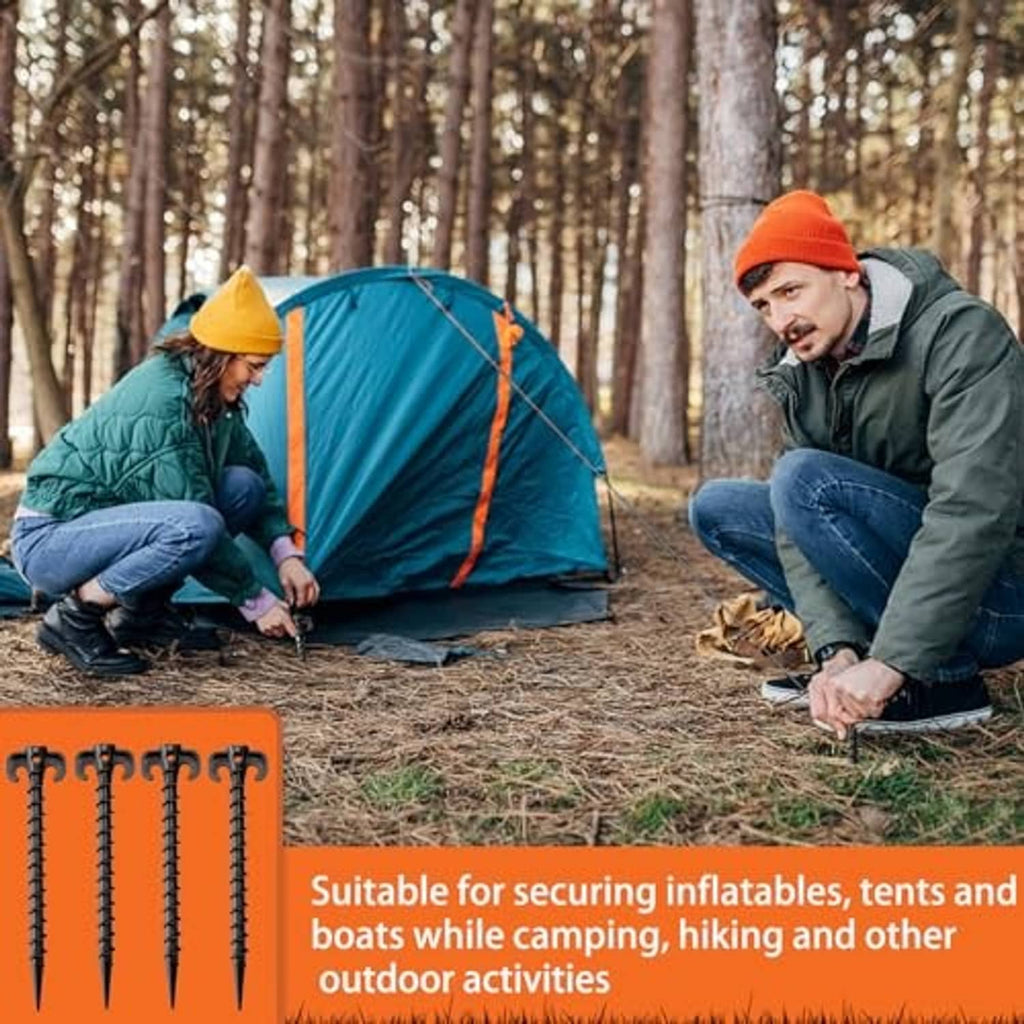 Black tent stakes with C-hook heads and sharp points for outdoor anchoring