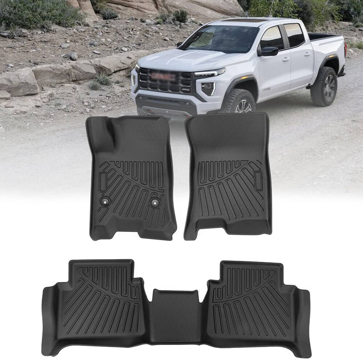 Set of black rubber car floor mats with raised ridges and driver heel pads
